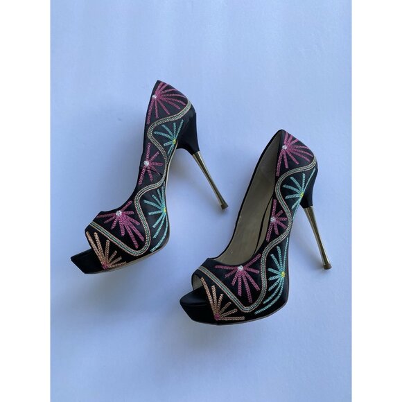 INC Platform Stiletto High Heels Size 8 Stitching Embroidery Firework Pattern - Picture 1 of 4